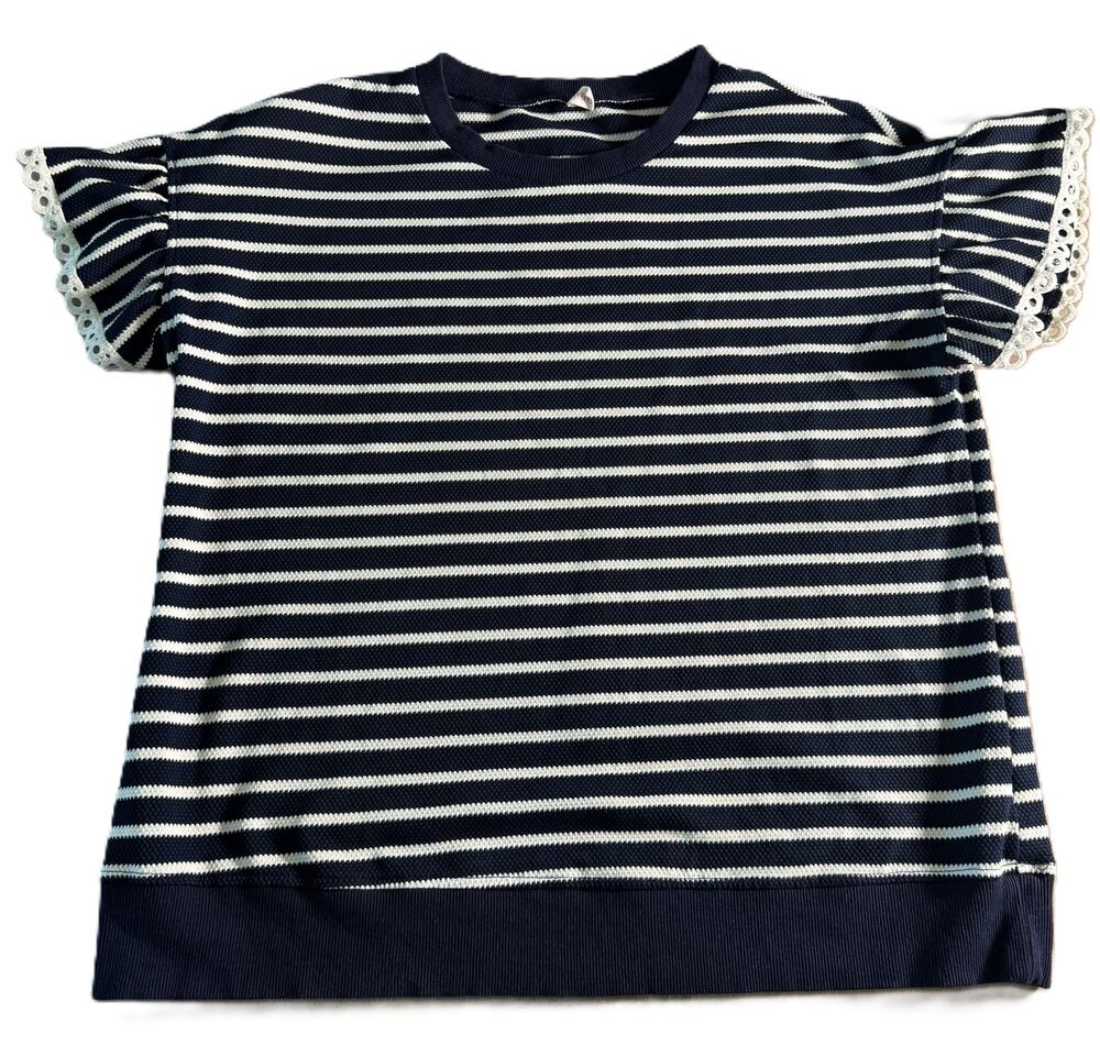 Women’s Large Navy White Striped Ruffle Sleeve Eyelet Trim Knit Top